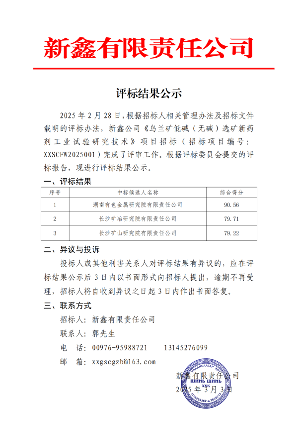 2.新鑫公司《烏蘭礦低堿（無堿）選礦新藥劑工業試驗研究技術》項目招標評標結果公示